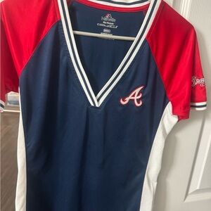 Majestic Navy and Red Atlanta-Inspired V-Neck Baseball Top
